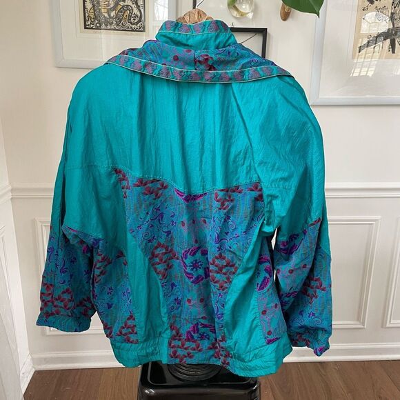 Vintage 90s 94 Lady Lavon Teal Satin Print Winderbreaker Jacket 1X - Picture 9 of 11